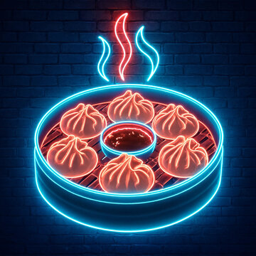 Bright neon sign depicting steaming Chinese dumplings in a bamboo steamer with dipping sauce