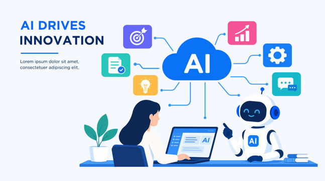 AI innovation technology business vector illustration showing a woman using a laptop while an AI robot points to digital icons, charts, documents, and ideas. automation, data, growth, flat design