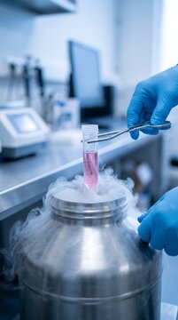 Laboratory technician in blue gloves using forceps to handle cryogenic vial containing pink sample over liquid nitrogen tank with laboratory cryogenic technician