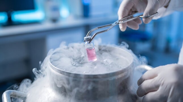 Scientist in Gloves Using Tongs to Hold Pink Sample Vial Over Liquid Nitrogen Vapor in Laboratory, Cryogenic Preservation and Scientific Research Concept for Medical Storage