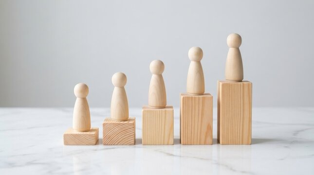 Wooden figurines on ascending blocks photo, step by step growth concept, ranking progression