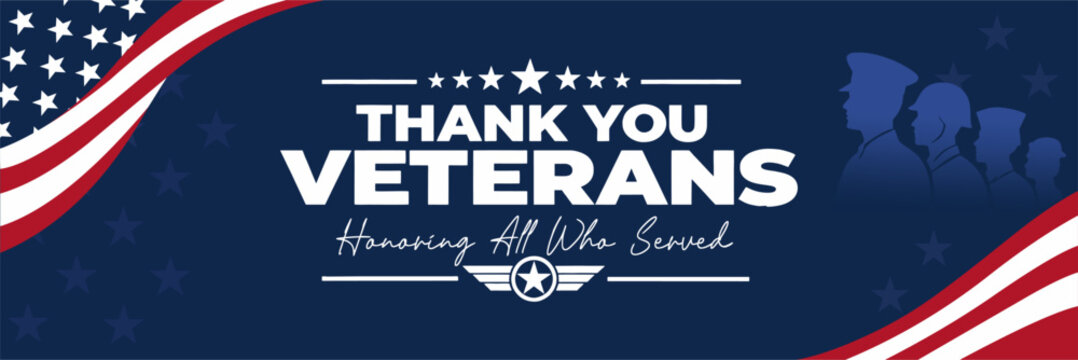 Patriotic Veterans appreciation banner featuring bold typography, American flag elements, stars, and a dark blue background honoring military service and sacrifice.