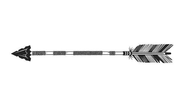 Detailed hand drawn black and white illustration of a traditional native tribal arrow with feathers and flint tip.