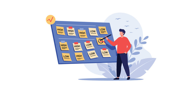 Organized businessman prioritizing daily tasks by sorting sticky notes on a board between high and low categories.