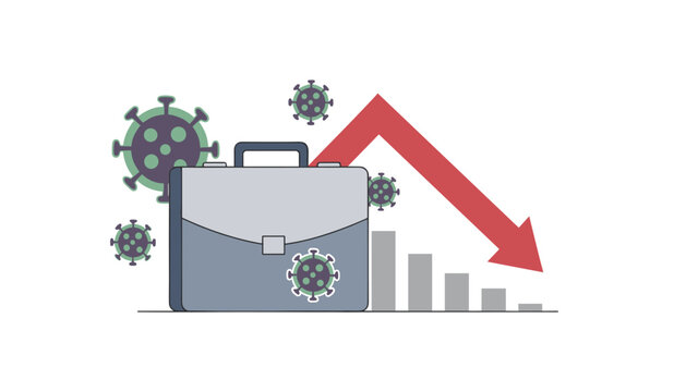 Illustration of a business briefcase surrounded by coronavirus cells with a red arrow pointing down on a decreasing bar chart.