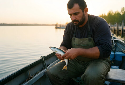 Sustainable fishing and food security, professional fisherman holding a fresh catch in a small boat on a calm lake during a peaceful golden hour sunset