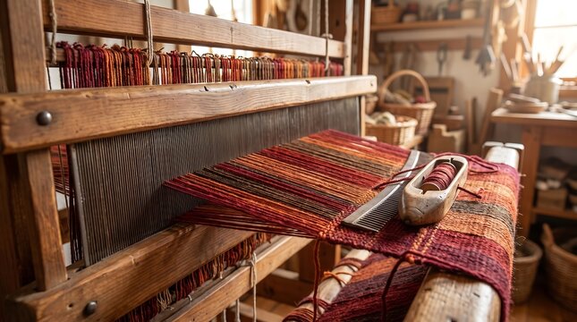 Close up of a wooden weaving loom producing intricate patterned fabric in a bright sunlit studio with textile art weaving process old fashioned weaving machine