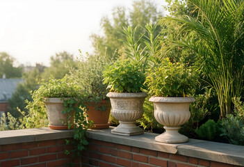Fototapeta premium Urban gardening and sustainable living, potted herbs and plants on a brick terrace balcony with soft morning sunlight for home exterior decoration
