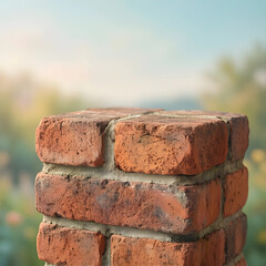 Obraz premium Construction and architecture concept, red brick pillar with weathered texture for building foundation and masonry design in a garden outdoor setting