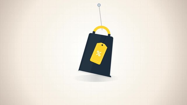 Animated minimalist shopping bag swinging on a hook with a yellow percentage discount tag. Ideal for promo sales, e-commerce marketing, Black Friday offers, and commercial retail adssale, discount.