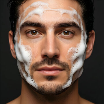 Skincare and male grooming routine, young man with facial cleansing foam on skin for healthy complexion and hygiene maintenance in a studio portrait