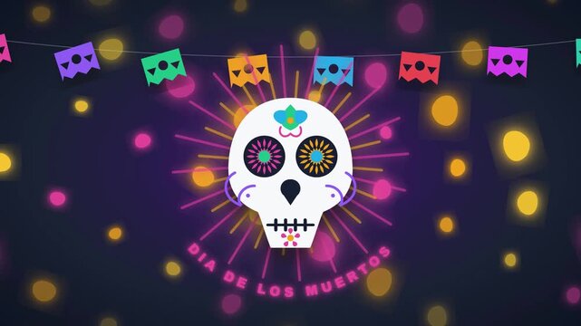 Dia de los Muertos sugar skull animation featuring floating heart particles with hanging papel picado. Day of the dead concept for festive mexican holiday event motion graphics display