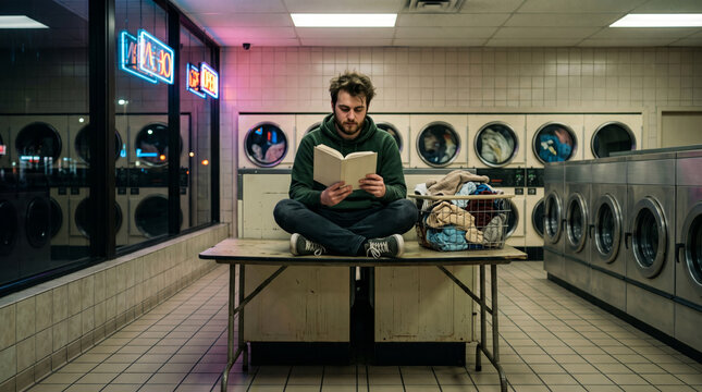 Man reading a book while sitting cross legged on a table in a laundromat with washing machines in the background