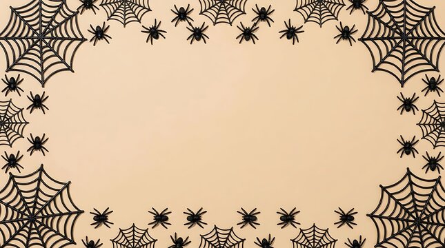 Halloween frame of black spiders and webs on beige