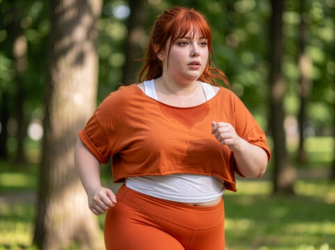 Active plus size young woman with red hair jogging outdoors in park for fitness