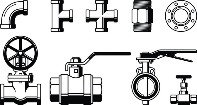 Industrial plumbing and pipeline vector illustration set featuring metal pipe fittings connectors flange and heavy duty water valves