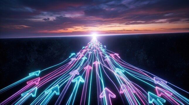 Neon arrows converging toward a glowing light on horizon, futuristic 3D illustration of success and progression