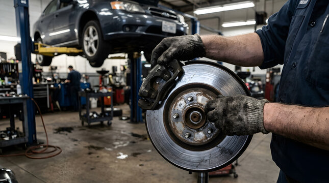 Auto Mechanic Replacing Brake Rotor and Caliper | Professional Car Brake Repair Service | Vehicle Maintenance in Repair Shop