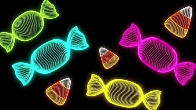 Neon wireframe candies and candy corn on black background, glowing Halloween abstract pattern