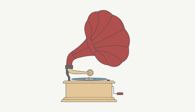 Vintage wind-up gramophone record player featuring a classic red horn speaker and a rotating vinyl disc.