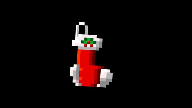 High detail pixel art Christmas stocking with an exaggerated classic 'L' boot shape, illustrated in clean 128x128 modern pixel art style. Features bright red fabric, fluffy white cuff, distinct white
