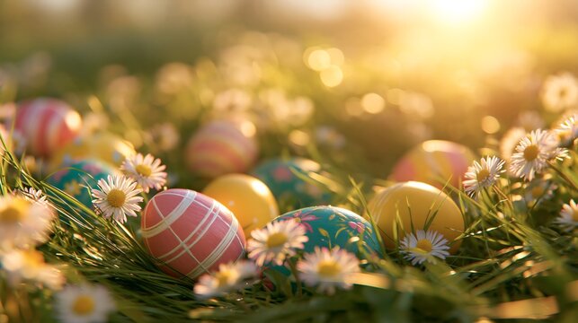 A collection of vibrant, patterned easter eggs resting in a field of green grass and small white daisies during a warm, golden hour sunset glow