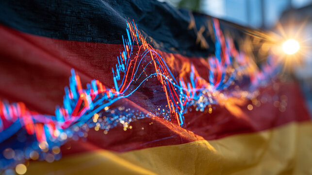 Financial chart with vibrant red and blue lines climbing across the flag of Germany, symbolizing economic performance, investment opportunities, and European business growth, clean modern compositio