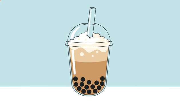 A delicious bubble tea drink in a plastic cup with tapioca pearls, milk tea, and a straw.