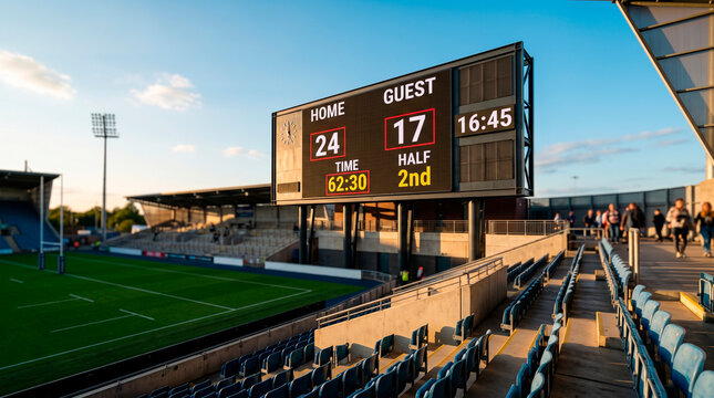 Scoreboard at rugby stadium, Digital scoreboard displaying game score in modern outdoor stadium  