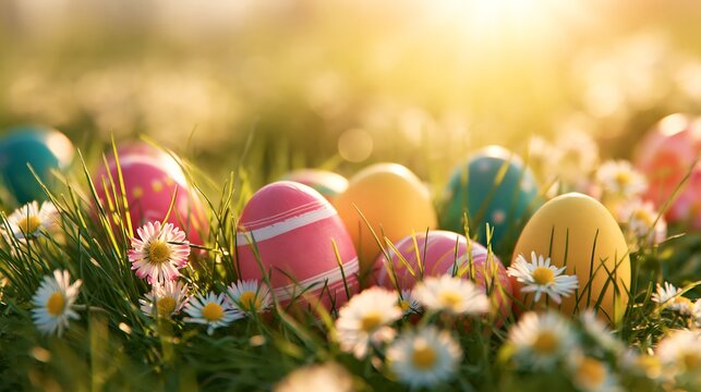 Colorful decorated easter eggs nestled in green grass with small white daisy flowers under warm, golden sunset light in a spring meadow scene