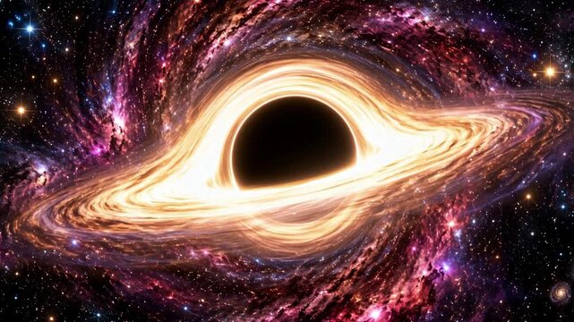 Glowing supermassive black hole with bright accretion disk in colorful deep space nebula