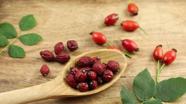 Dried Rosa canina, the dog rose or rose hip berries on wood spoon, decorated with fresh berries and green rose hip leaves, studio composition.