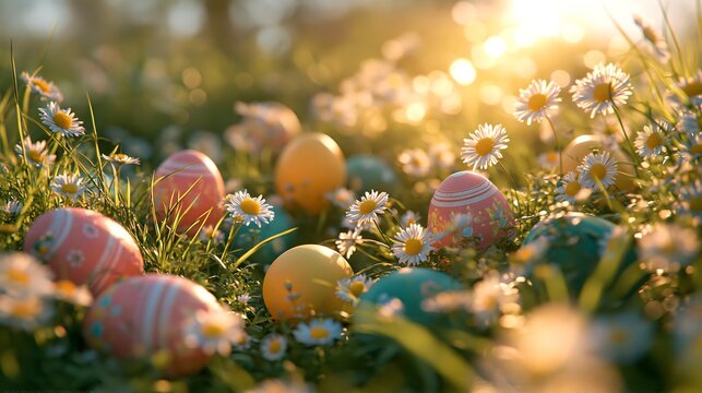 Decorative easter eggs in pastel and bright colors sitting in a grassy field with white daisy flowers under a warm, golden sunset light effect