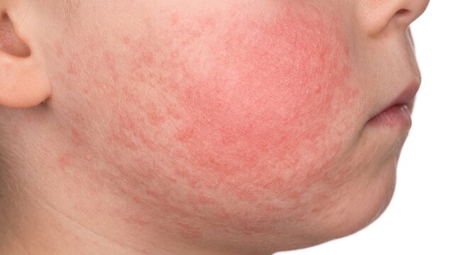Close-up of a child cheek displaying severe redness and erythema indicating fifth disease or slapped cheek syndrome