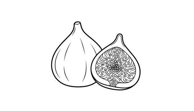 Detailed black and white line art vector illustration of a fresh fig fruit, showing a whole fig and one cut in half with visible seeds.