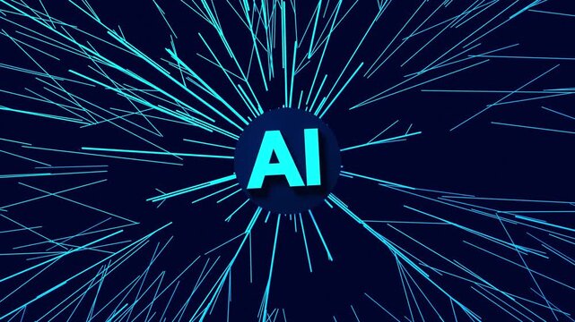 Abstract Artificial Intelligence Network Core with Glowing Light Rays and Particles Spreading Outwards - 3D render