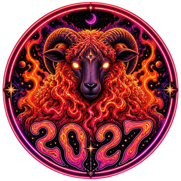 Aries zodiac ram head with glowing eyes and third eye symbol above 2027 lettering. Fiery smoke inside a neon circular frame with a crescent moon and stars.