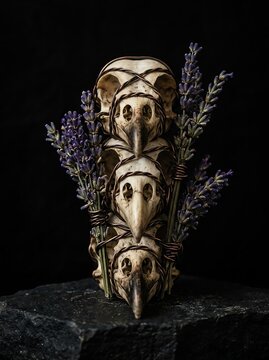 A stack of three bird skulls wrapped in copper wire with purple lavender sprigs on a black stone base against dark background