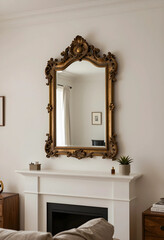 Obraz premium Interior design and home decor, ornate gold vintage mirror hanging above a white fireplace mantel in a modern living room with minimalist aesthetic