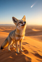 Obraz premium Wonder and discovery concept, fennec fox looking at a shooting star in the desert at sunset with golden hour light and vast sand dunes in the background