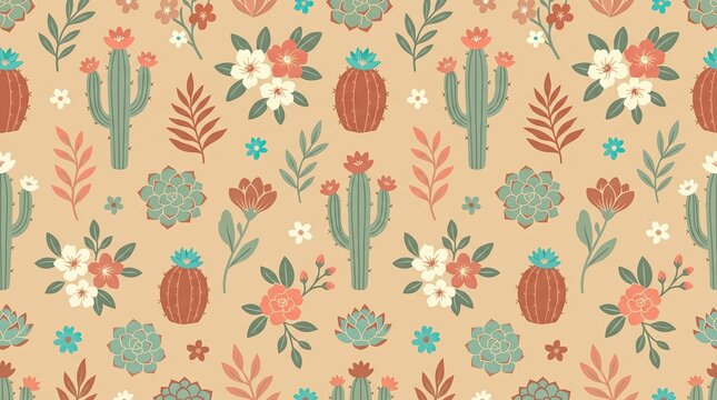 A delightful southwestern botanical pattern featuring cacti blooms and desert flora elements