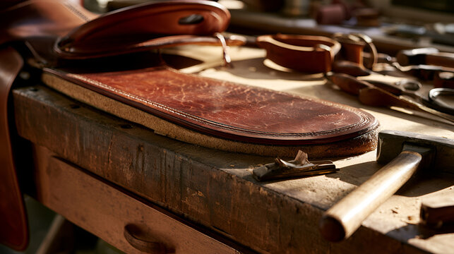 Hand-Stitched Leather Saddle Panel Resting On A Workbench