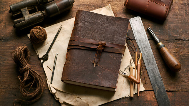 Hand-Stitched Leather Journal Resting Beside Binding Tools
