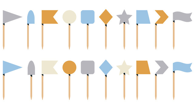 Colorful toothpick flags and map markers in various geometric shapes for party decoration.
