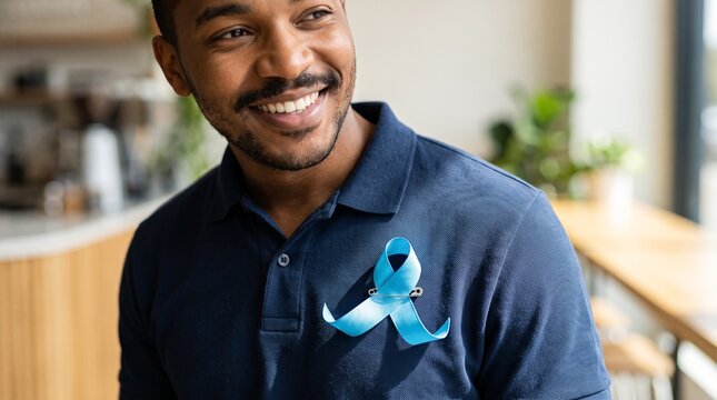 Movember ribbon on a shirt, Young black man smiling with blue awareness ribbon in modern cafe  