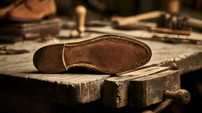 Hand-Stitched Leather Shoe Sole Resting On A Cobbler's Bench