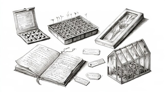 A collection of vintage hand drawn sketches shows seed packets, seedling trays, a flower press, and a botanical journal in a white background.