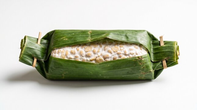 Tempe wrapped in banana leaf on white background