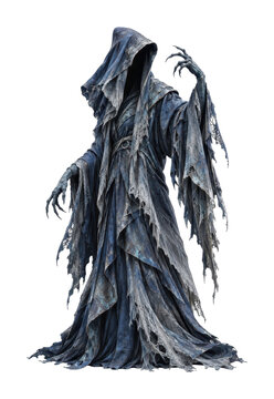 PNG Hooded skeletal wraith in tattered dark robes isolated on white
