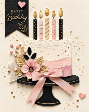 Elegant Pink Black Gold Birthday Cake Celebration Greeting Card